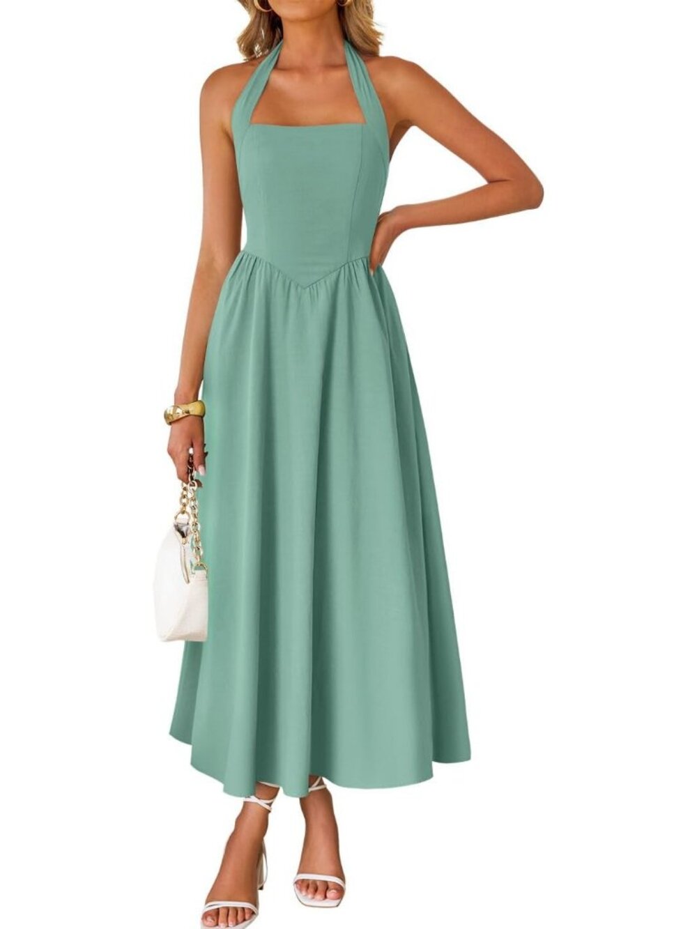 Women's Summer Sleeveless Halter Sage Midi Dress Off Shoulder Flowy Long Dress